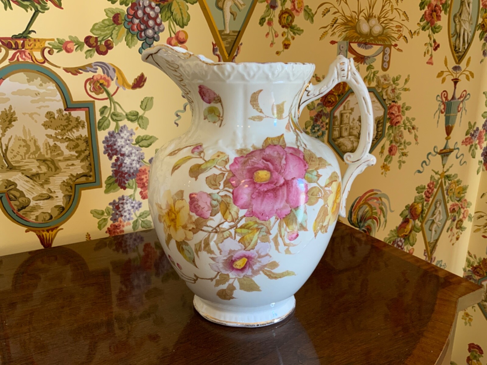 Large English Victorian Pottery Water Pitcher Beautiful Floral Design 12” High