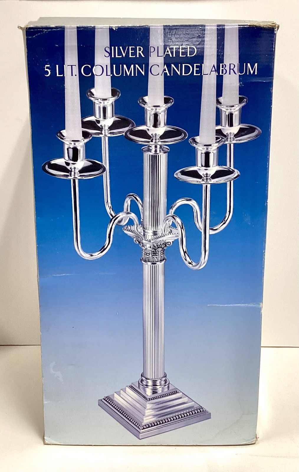 New in Box Godinger Silver Plated 5 Lit. Column Candelabrum Style #1686