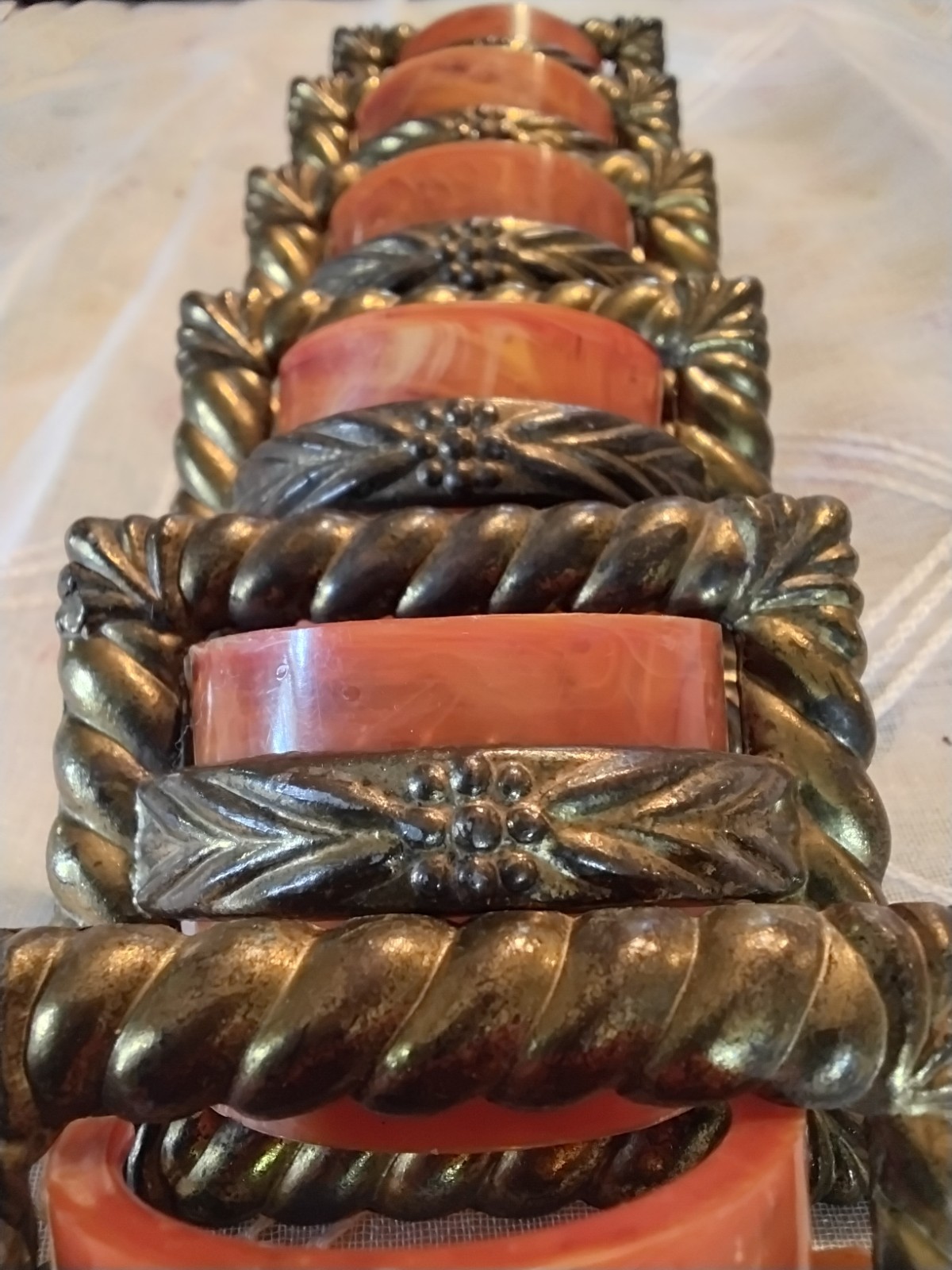Six art deco metal bakelite drawer pulls