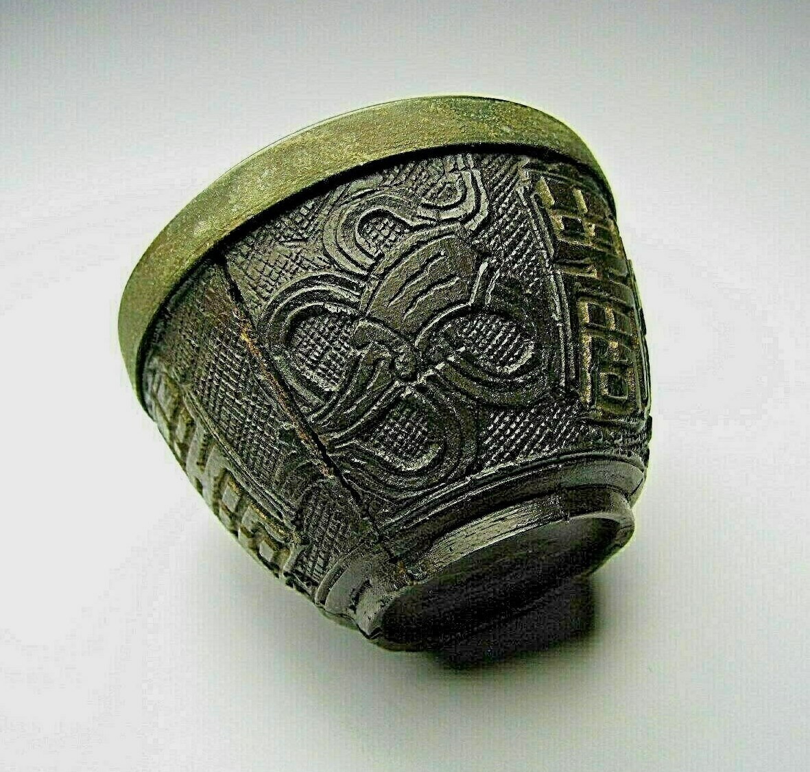 CHINESE COCONUT SHELL PEWTER TEACUP TEA CUP Qing Dynasty China Asia ca1800s USED