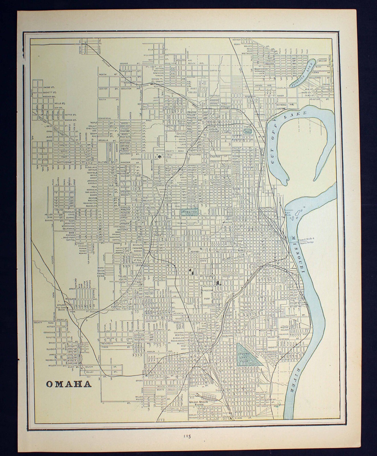 1889 City of Omaha Nebraska and Council Bluffs Iowa Antique Map