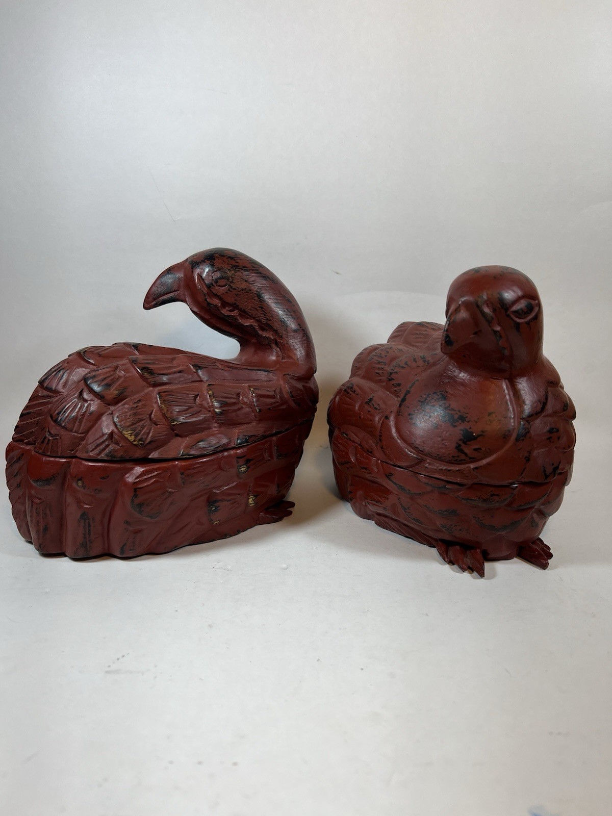 Vintage Two Chinese Carved Cinnabar Quail Dove Bird Figural Sculpture Boxes
