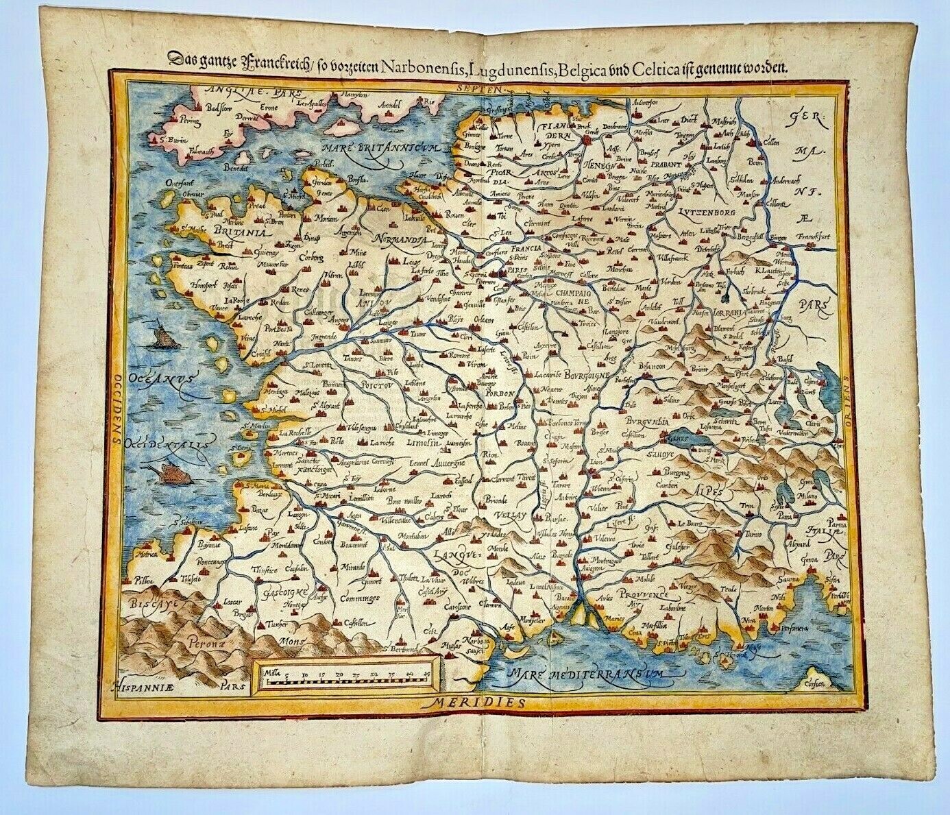 FRANCE 1578 SEBASTIAN MUNSTER LARGE UNUSUAL ANTIQUE MAP 16TH CENTURY