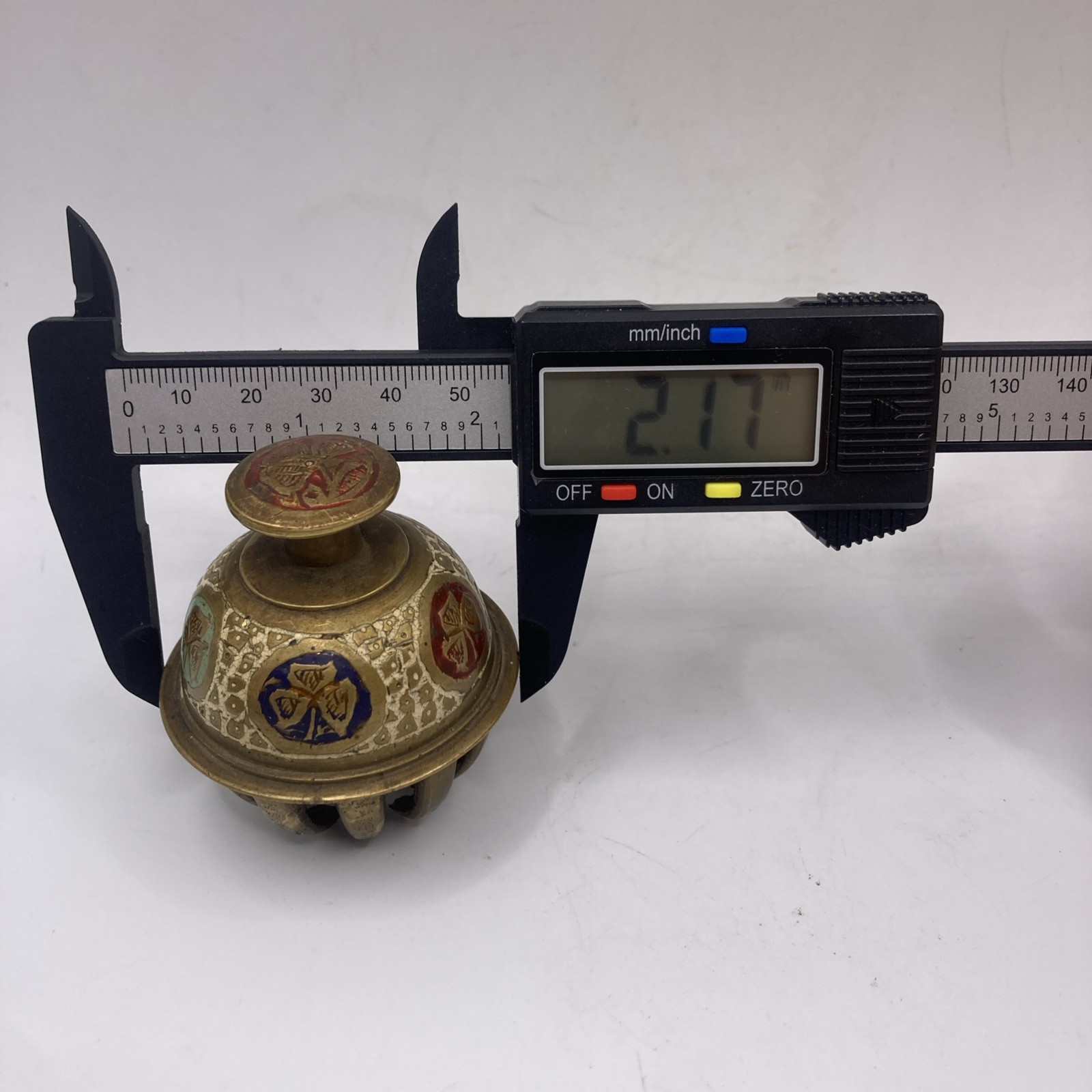 Vintage Brass India Elephant Claw Temple Bell Painted Enamel Patina 2.5”