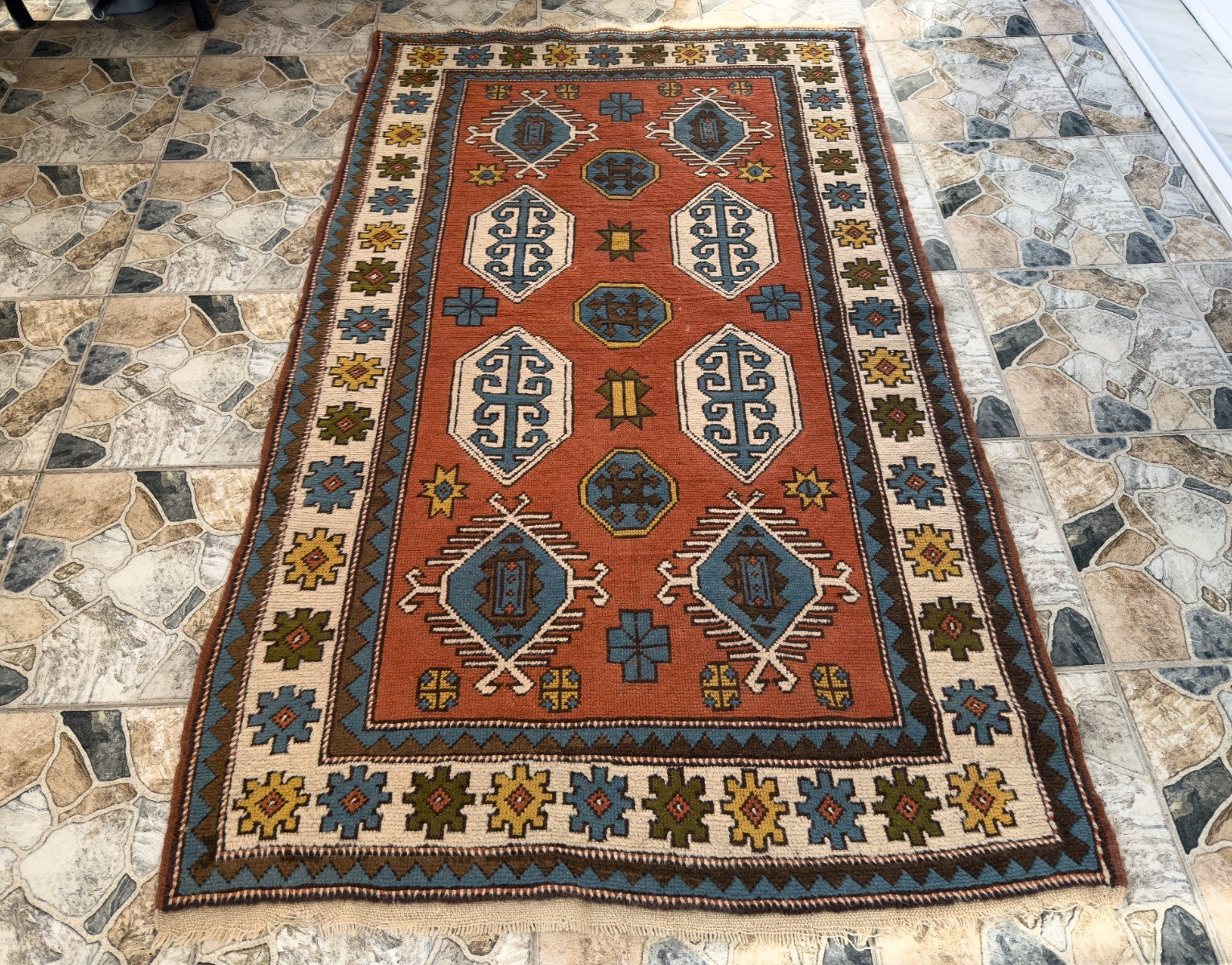 Antique Vintage Turkish Oushak Rug 4.4×7.2 ft Hand-Knotted Wool Tribal Geometric