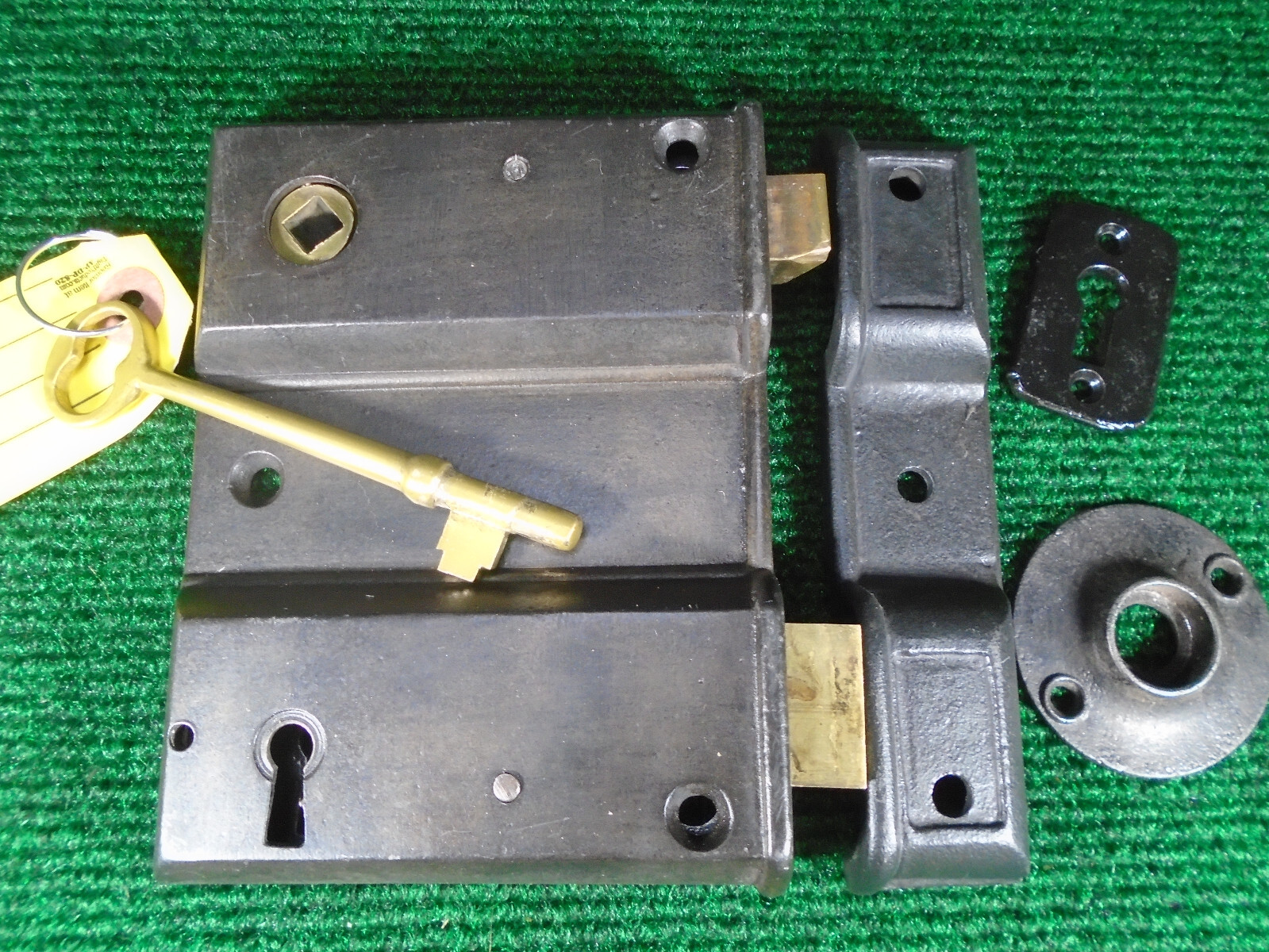 CIRCA 1880 RH COTTAGE RIM LOCK SET w/ KEY, KEEPER, & ESCUTCHEONs (17545-3)