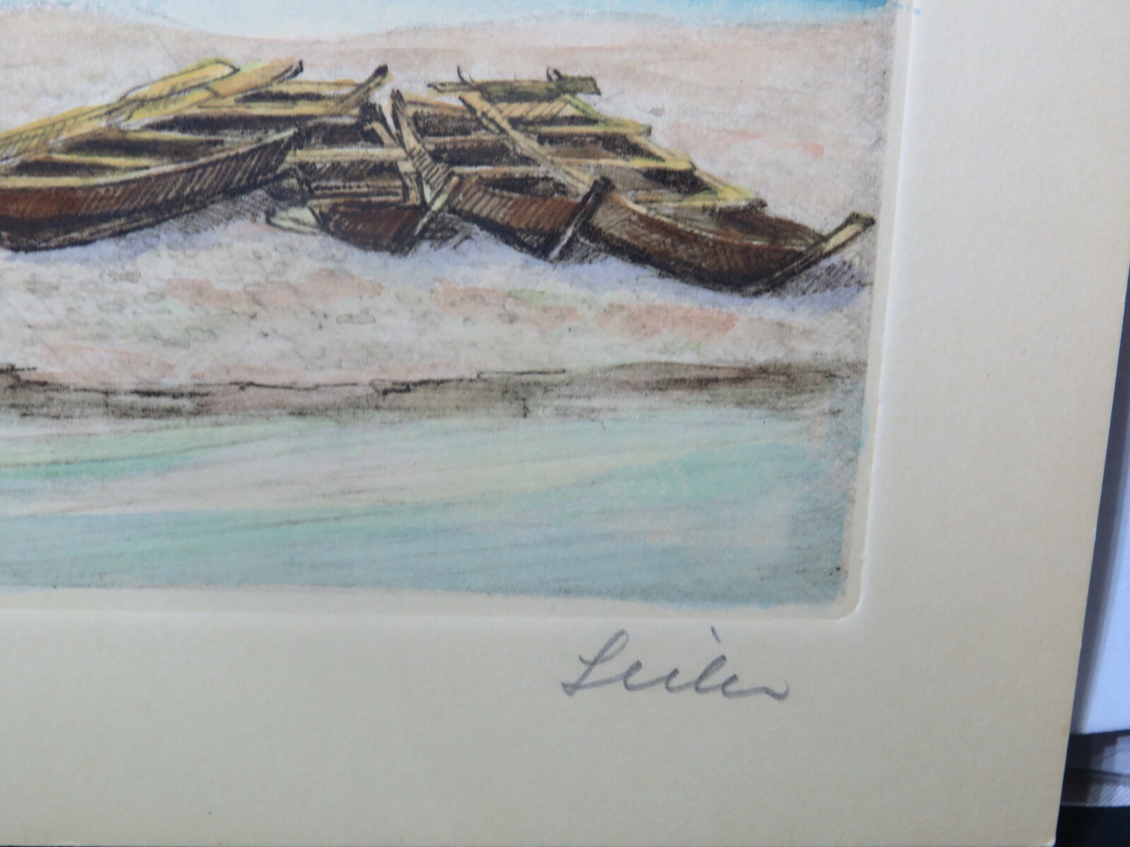 Vintage Etching By Willy Seiler original hand colored etching Beached Boats
