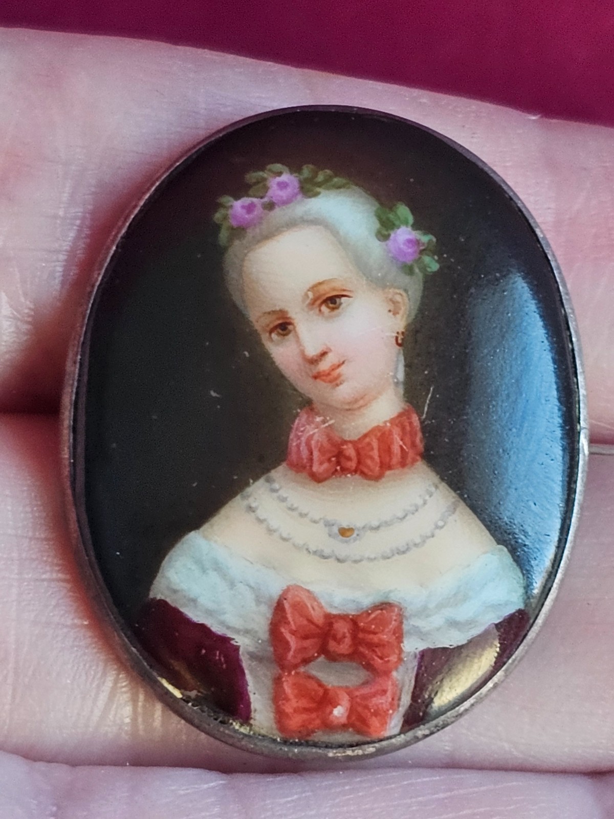 Edwardian Artisan Portrait Miniature Painting Pin Sterling Silver 1903
