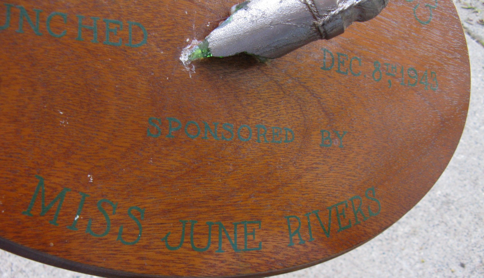 WWII Ship Launch Bottle on Plaque, 1943 – Unique Artifact!