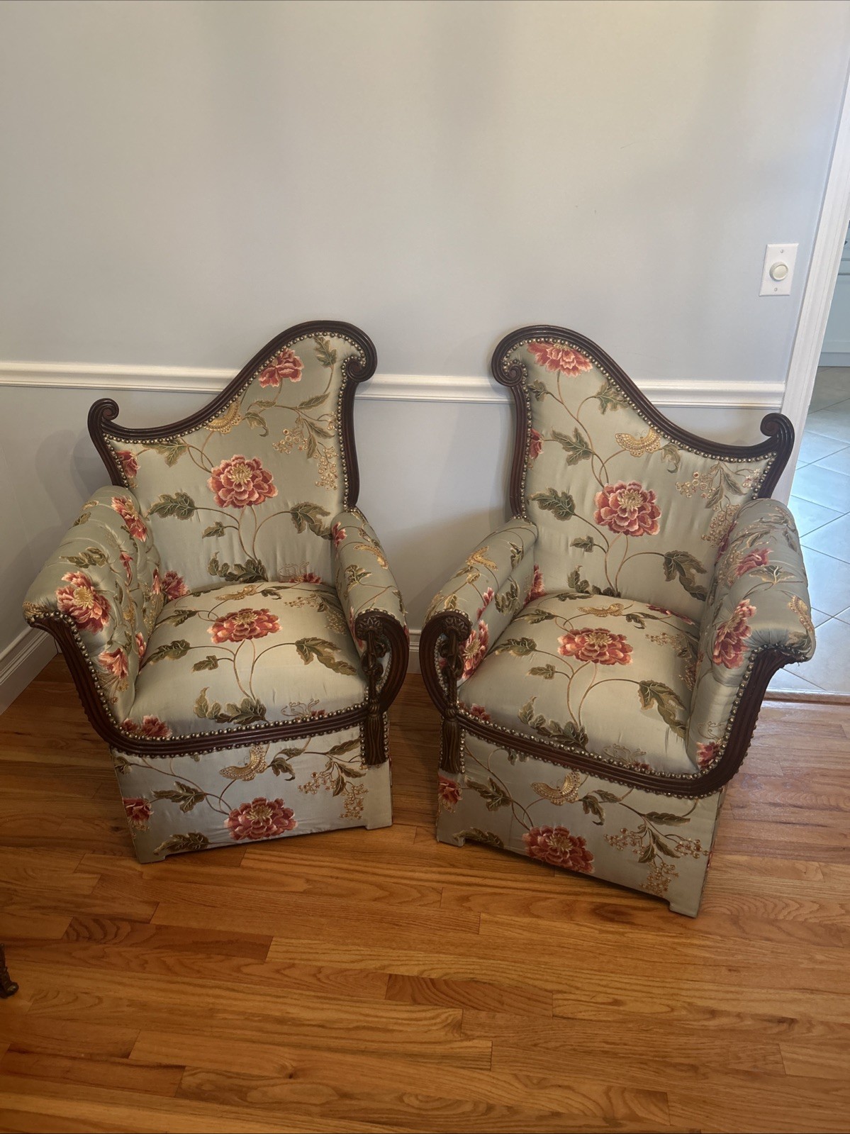 Antique Victorian Revival Asymmetrical Bergère Chairs Embroidered Silk