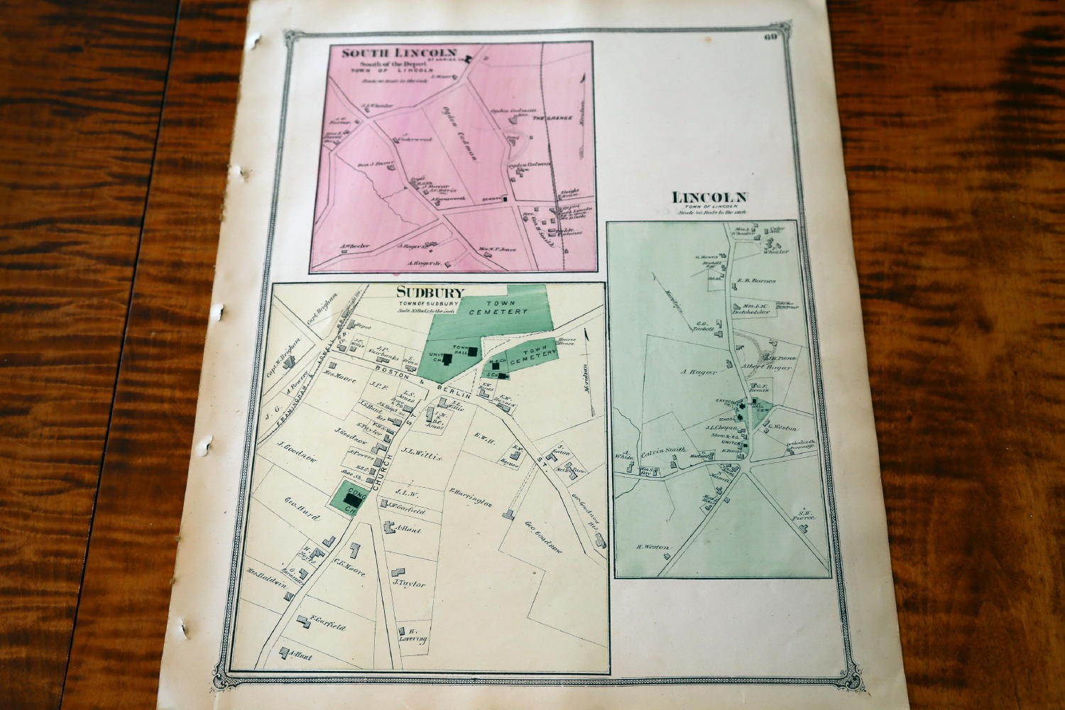 1875 BEERS MIDDLESEX COUNTY MASSACHUSETTS-ATLAS MAP OF SUDBURY-HANDCOLORED