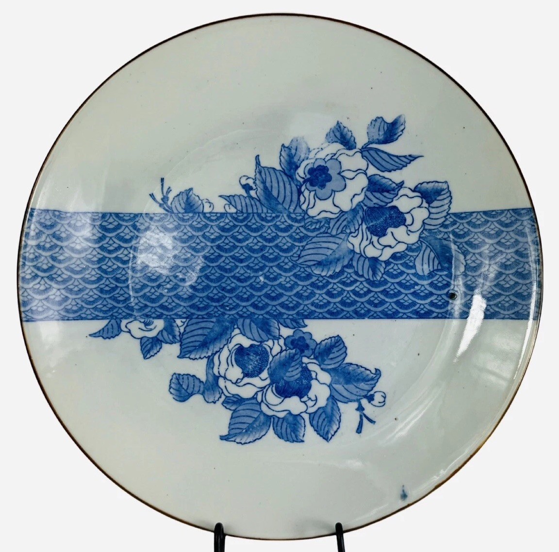 Antique Igezara Blue White Transfer Ware Platter Peonies 13.5” Early 1900s