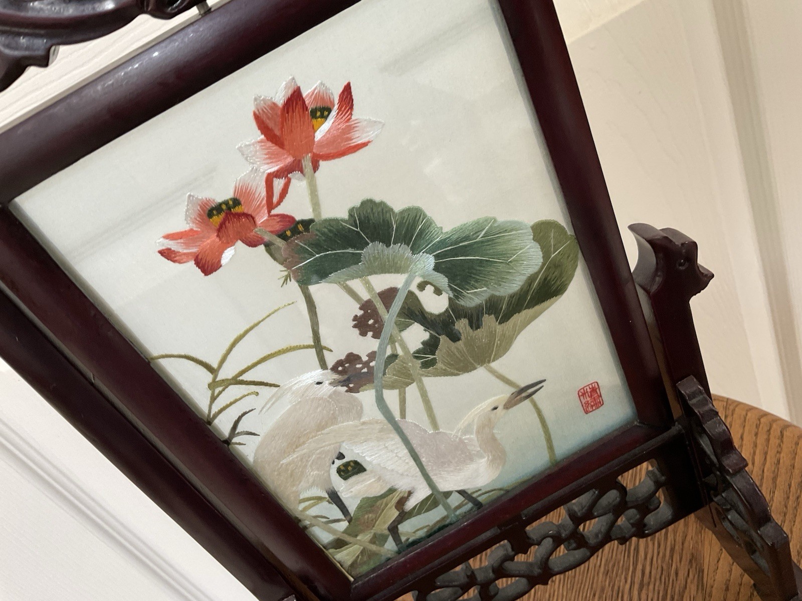 Vintage 90s Chinese Table Screen Silk Embroidery under Glass Carved Wood Frame