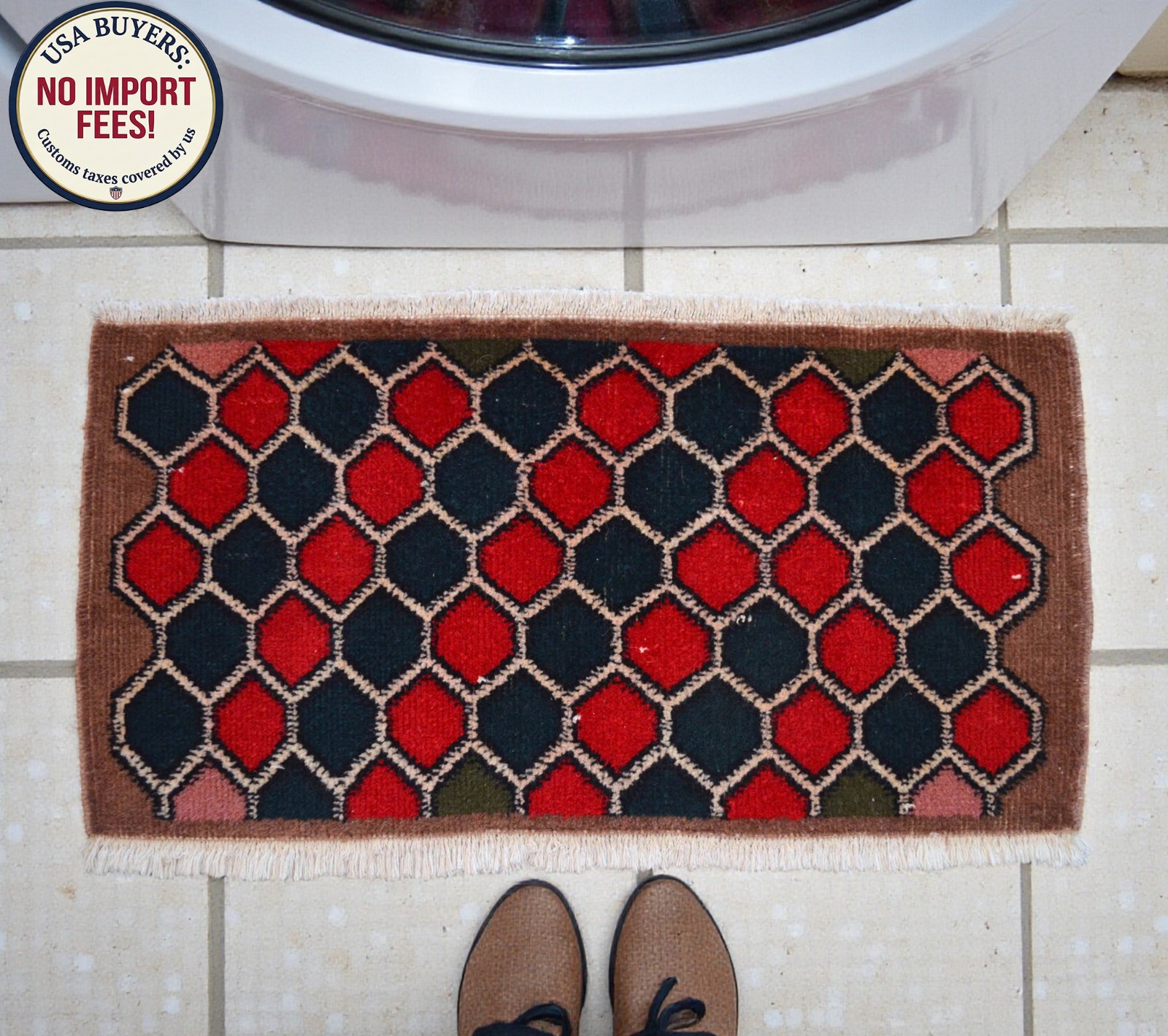 Hand-Knotted Small Oushak Rug Entry Decor Doormat Honeycomb Pattern 1.4 x 2.8 ft