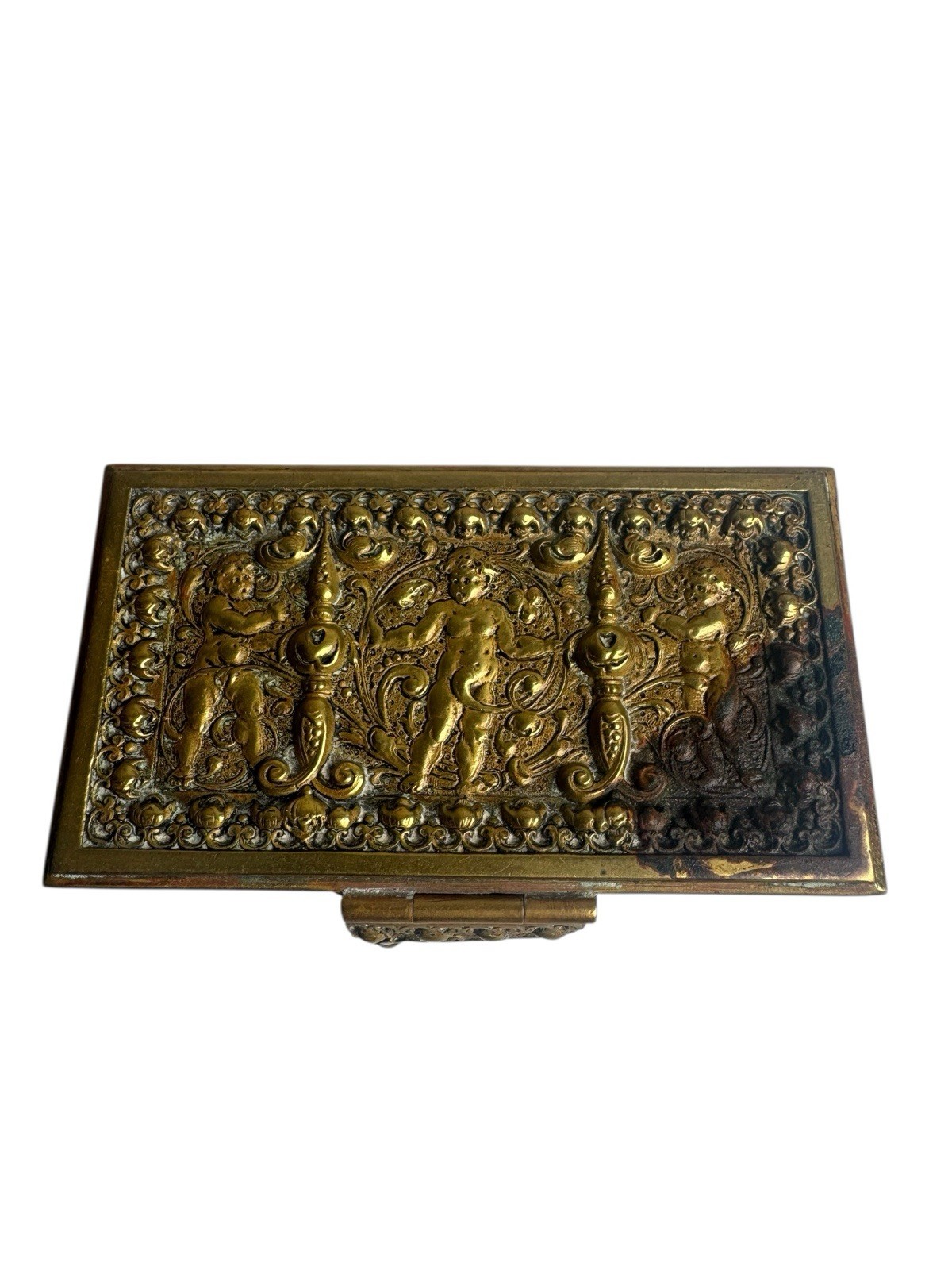 Antique Bronze Metal Embossed Cherubs Jewelry Box No Key Stamped