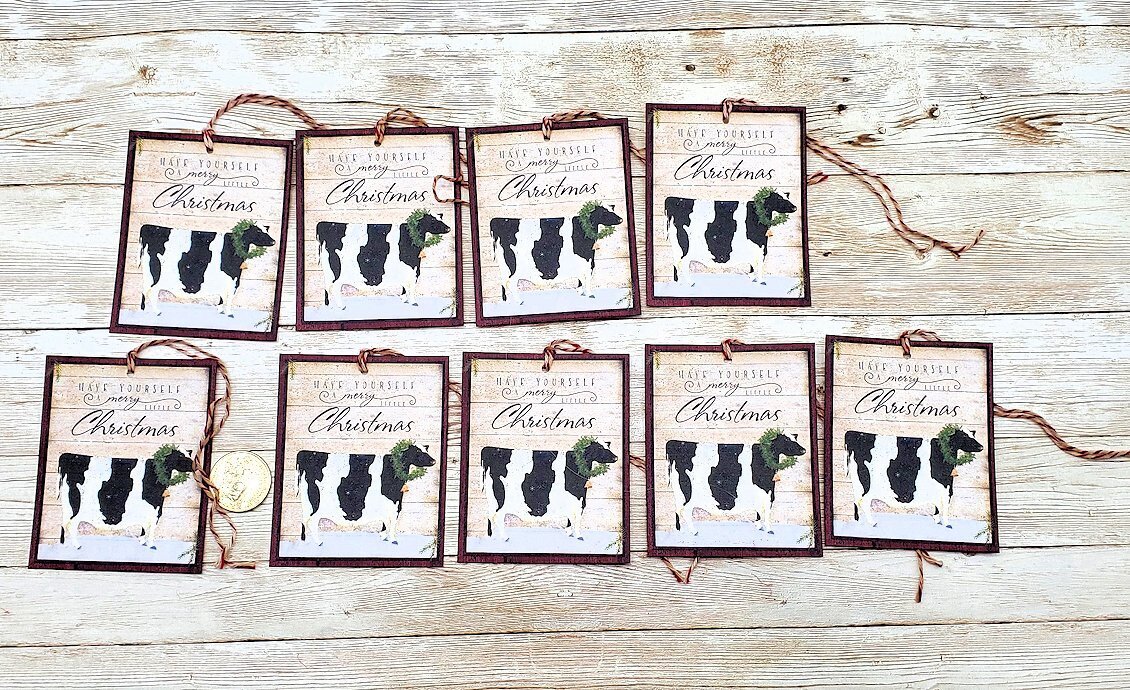 9-Christmas-Primitive-Farmhouse-Holiday-Cow-Linen Cardstock-Gift-Hang-Tags
