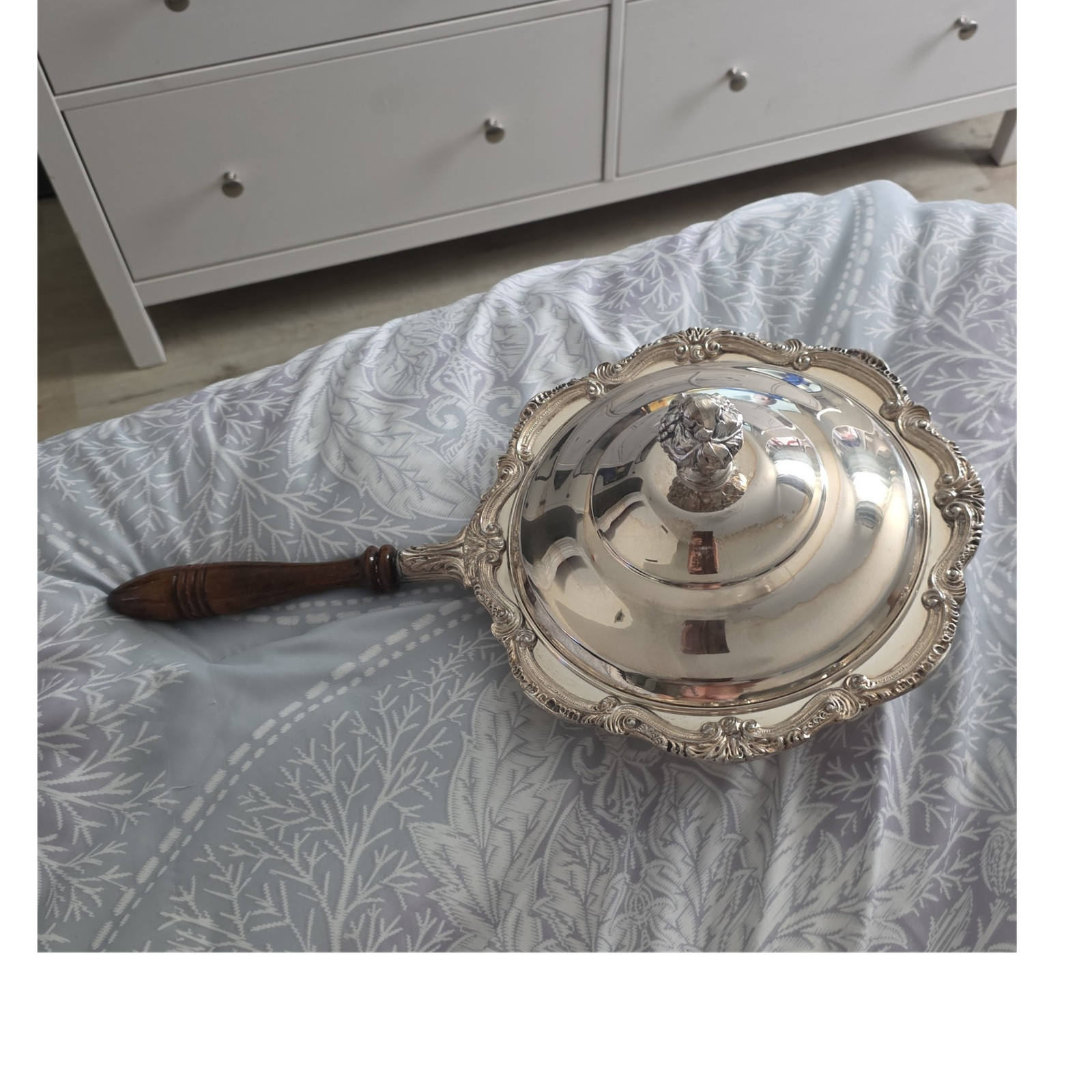Silver-Plated Chafing Dish, Domed Lid, Wooden Handle, Ornate Scalloped Rim
