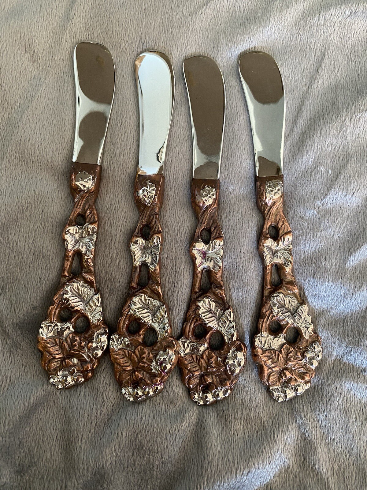 Vintage Butter Jam Spread Knives Floral Pattern Copper And Silver Set Of 4