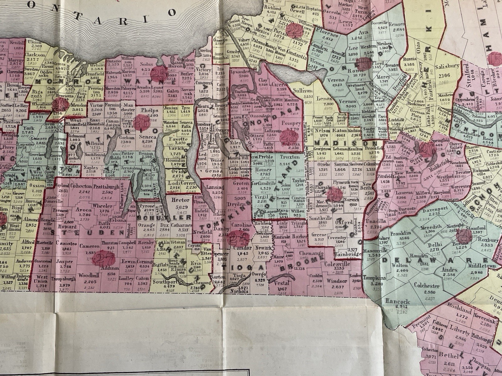 Antique Census Map State of New York Hand Colored D.T. Valentine Lithograph