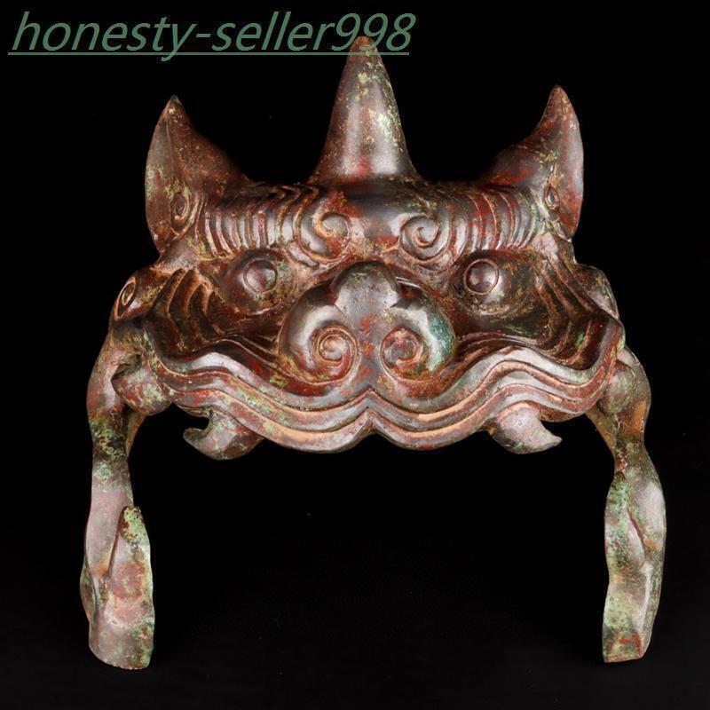 9.2″ China Ancient bronze ware War time tiger shape helmet head guard hat statue