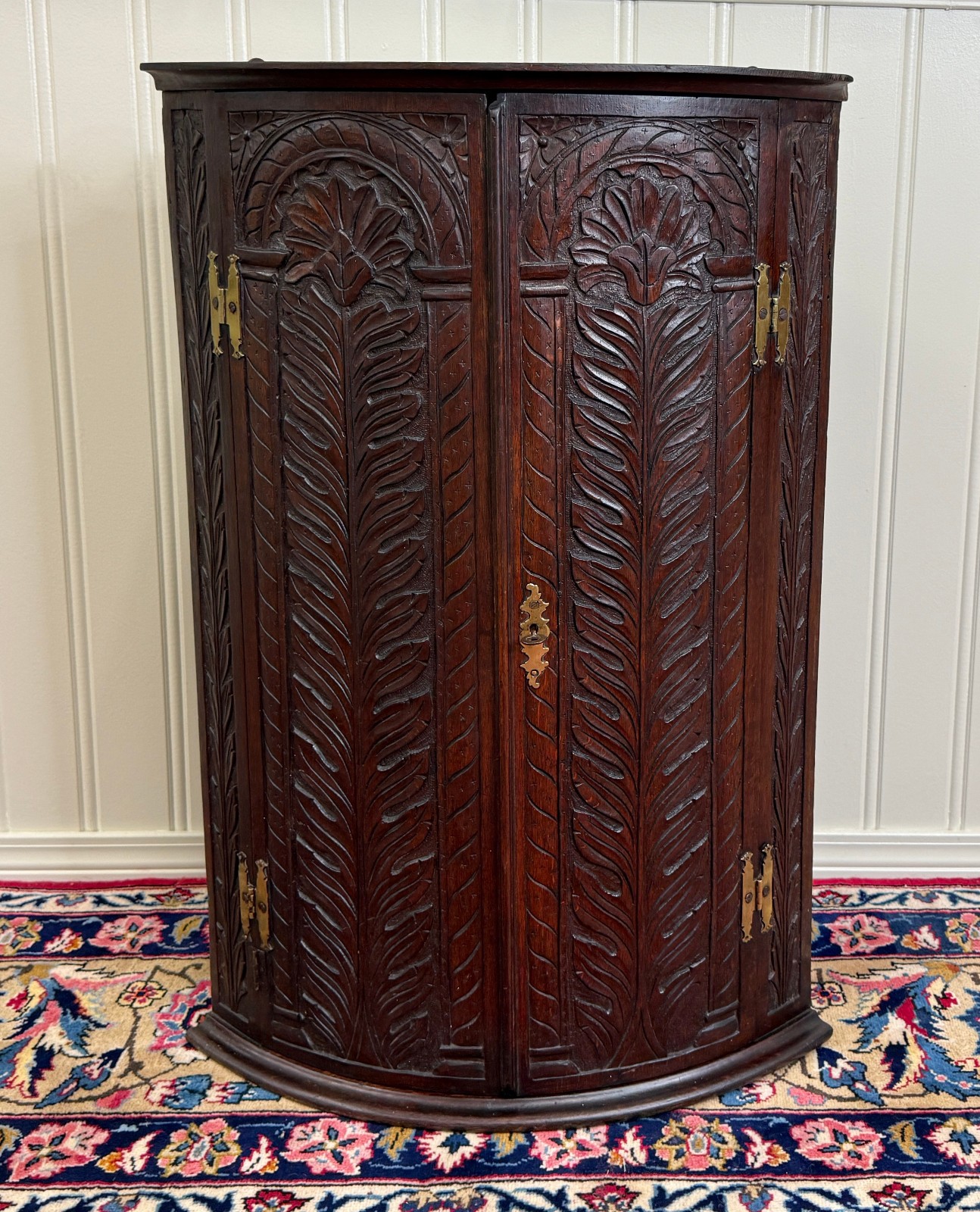 Antique English Corner Cabinet Carved Oak Hanging Wall Cabinet Storage 19C