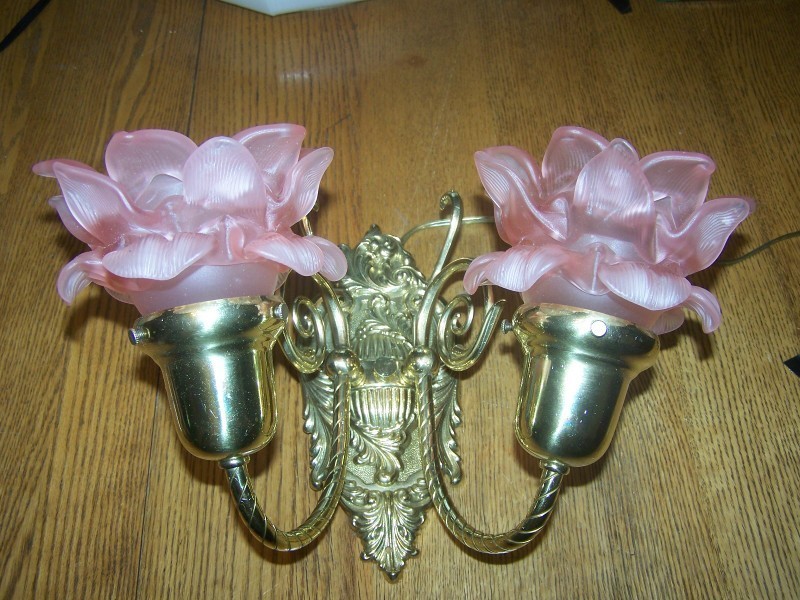 Vintage Wall Sconces Art Nouveau French Deco, Dusty Rose Petal Glass Shades 70’s