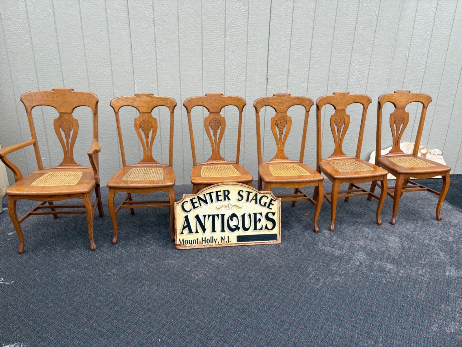 66360 Set 6 Oak Antique Victorian Dining Chairs, Queen Anne Style w/ Cane Seats