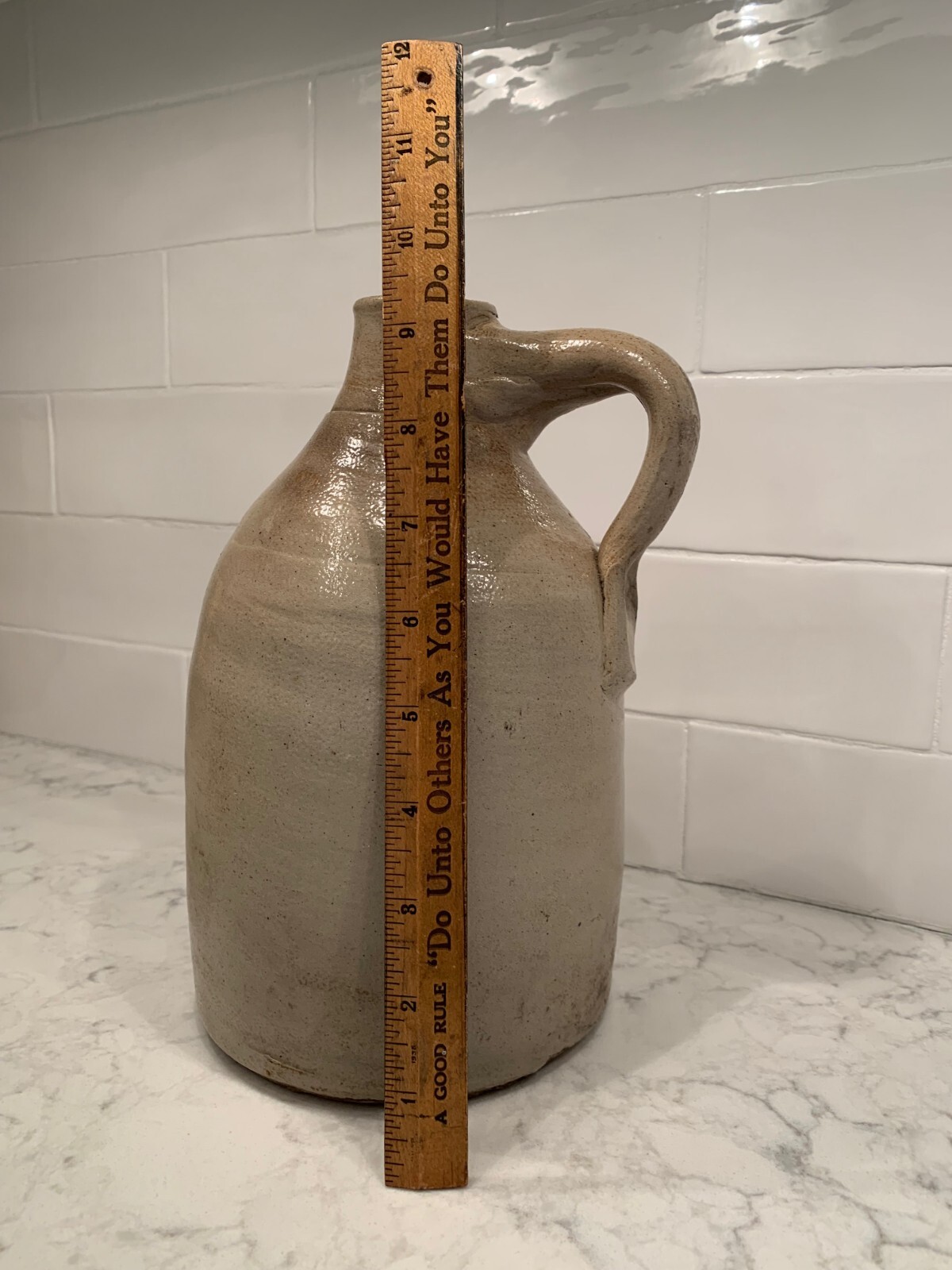 Antique Primitive Salt Glazed Stoneware Jug Farmhouse Taupe Beige Gray 9.25″