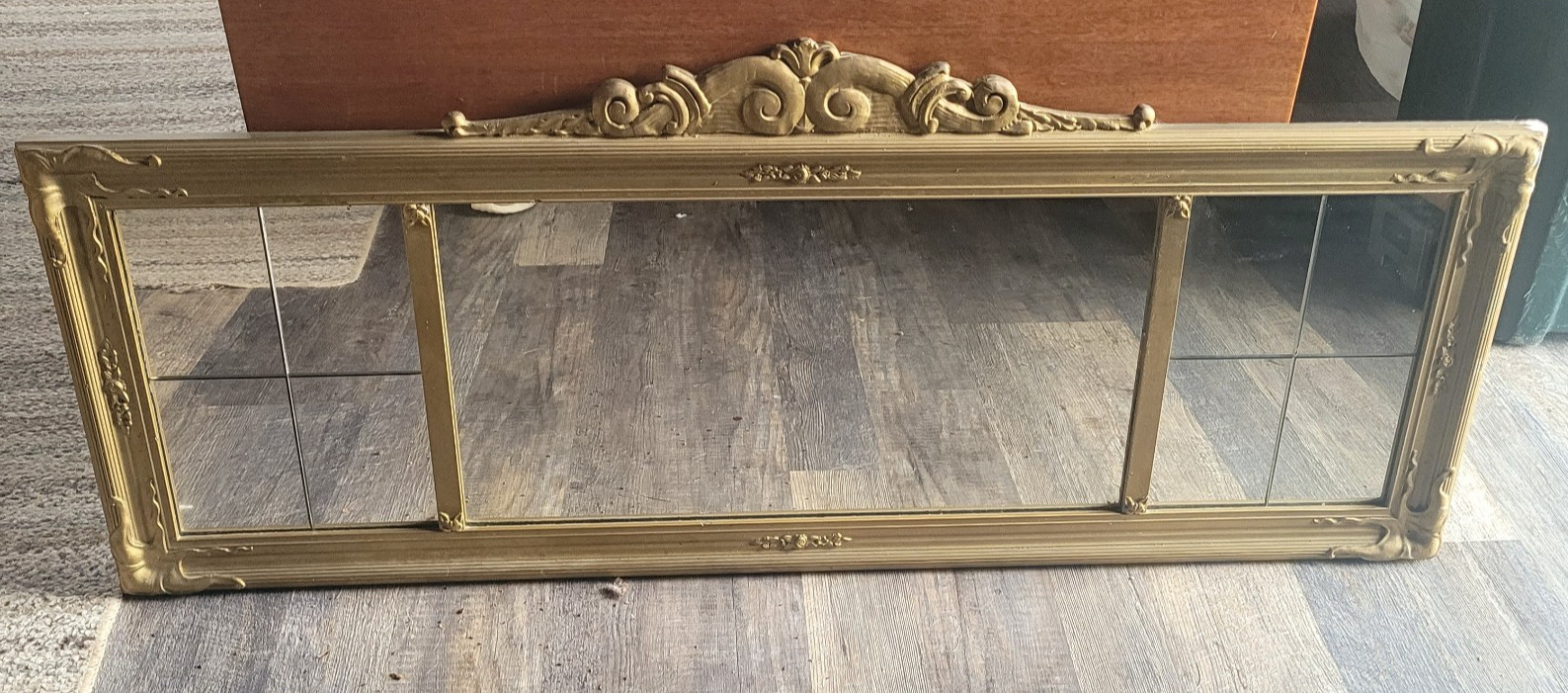 Antique Mantle Buffet Parlor Mirror 52″ x 22″ Gold 3 Panel