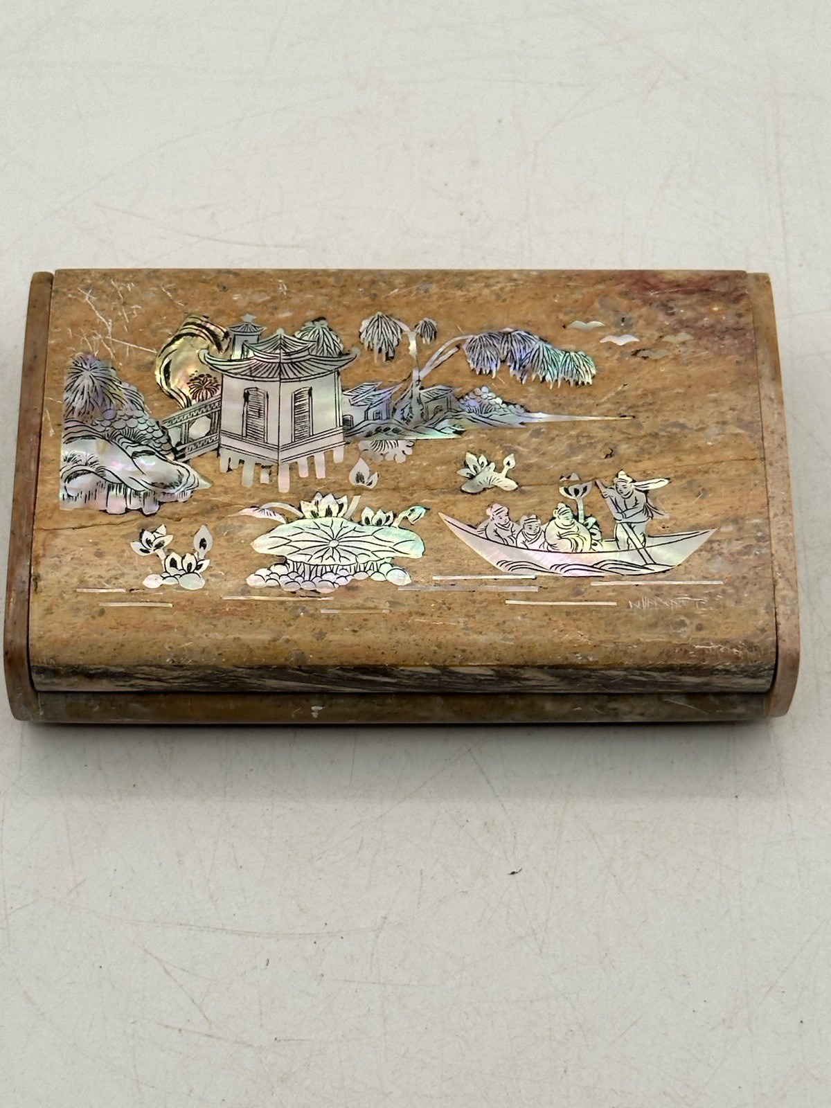 Vintage Chinese Marble Stone Cigarette Box With Abalone Inlay 1940’s-1960’s