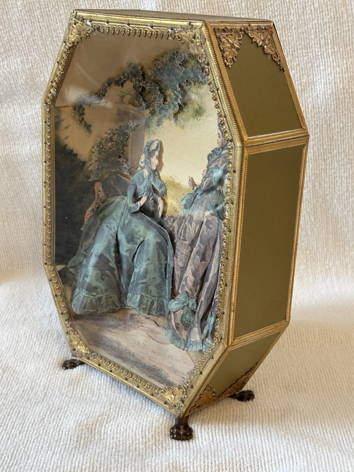 Antique 3D Paper Tole Octagonal Vitrine Diorama Claw Feet