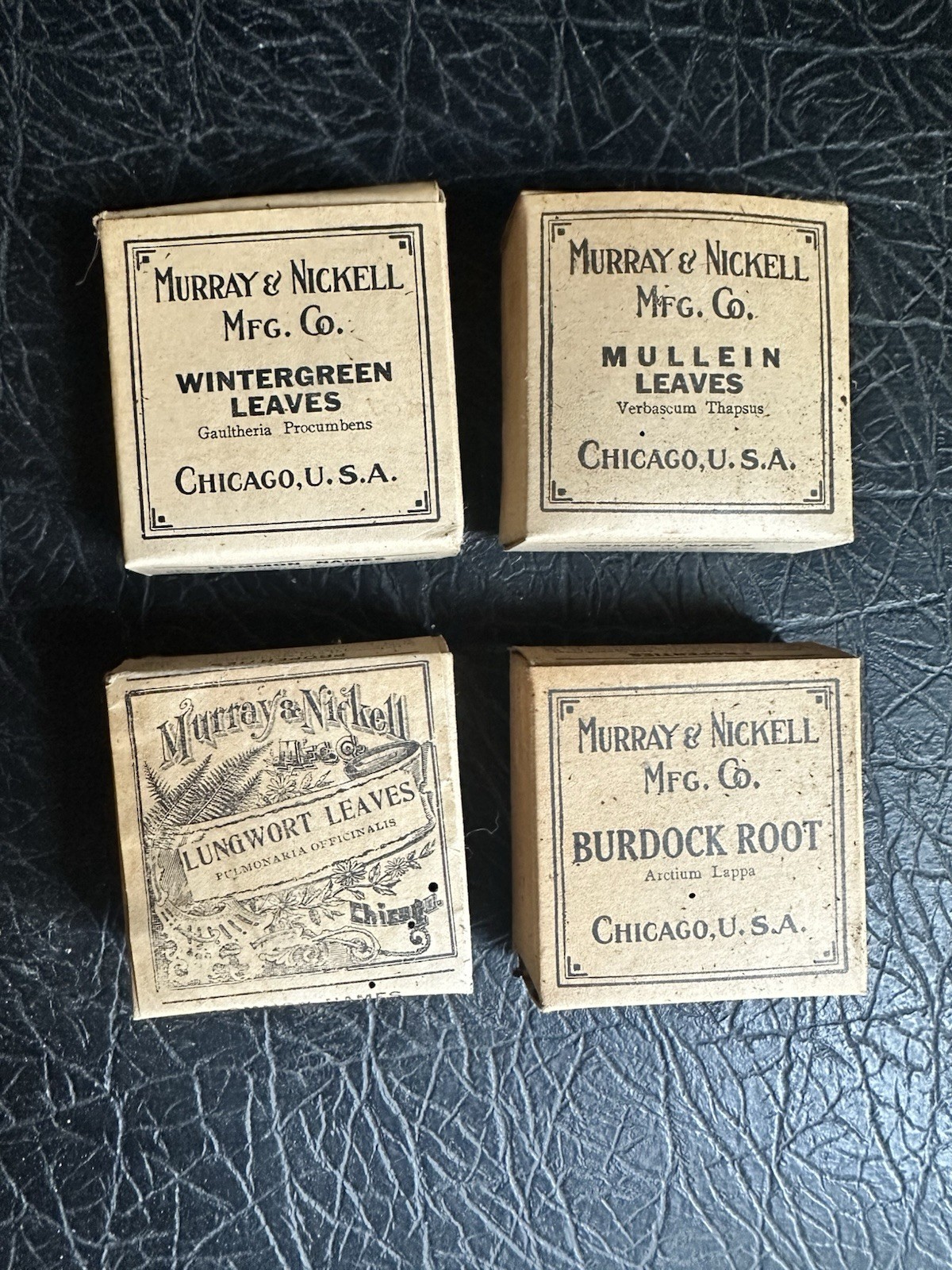Set of 4 Antique Boxes Herbal Remedies Medicine Murray & Nickell Apothecary