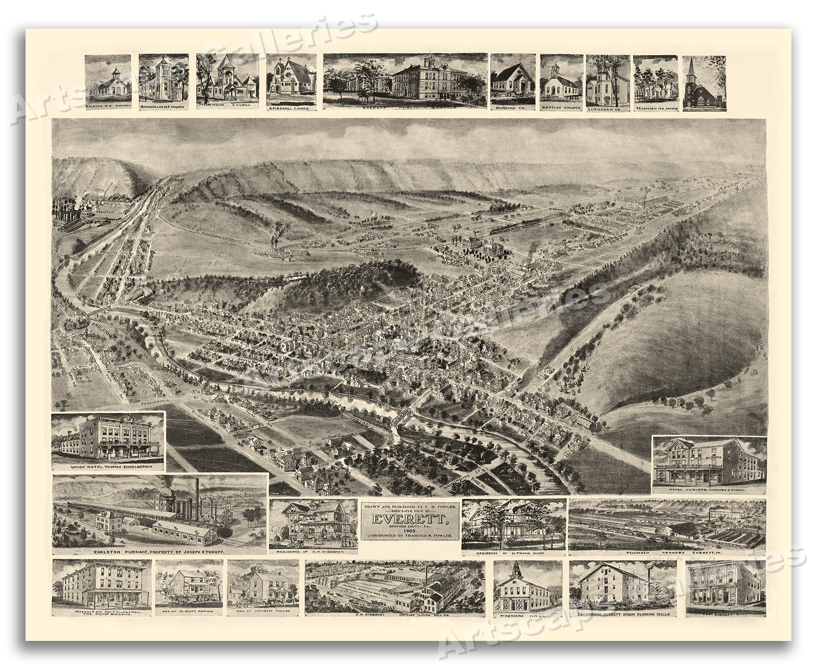 Bird’s Eye View 1905 Everett Pennsylvania Vintage Style City Map – 16×20