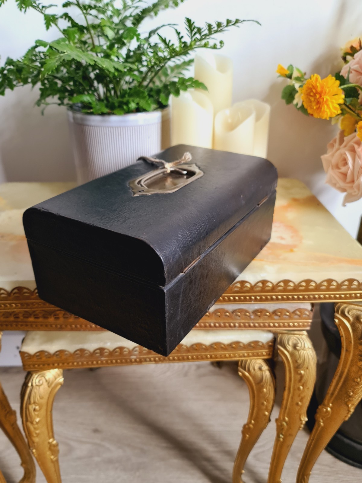 Antique Leather Trim Box Jewellery Trinket Case Victorian Black with Key