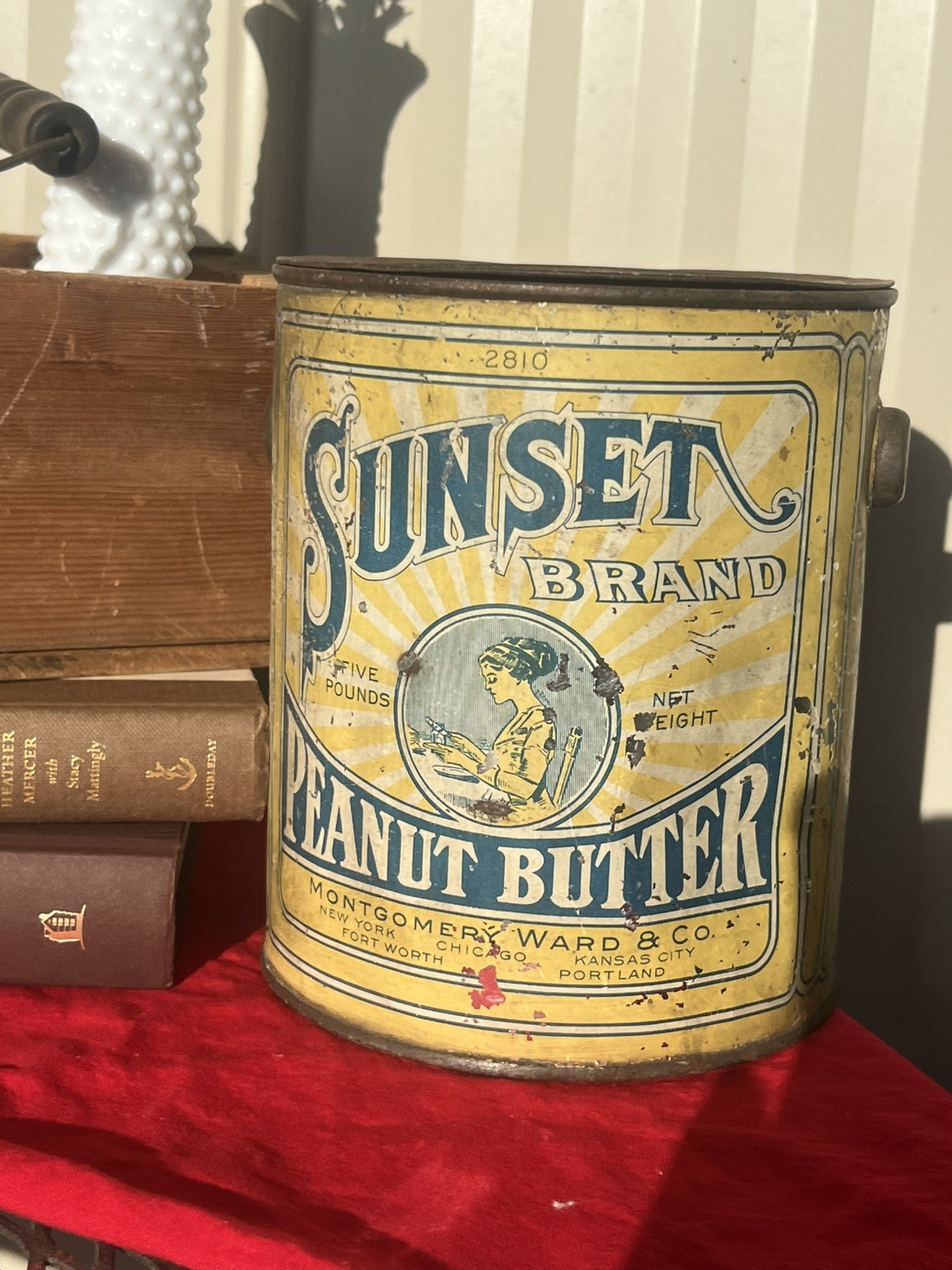 RARE farmhouse décor pail w/recipe panel & authentic patina Sunset Peanut Butter