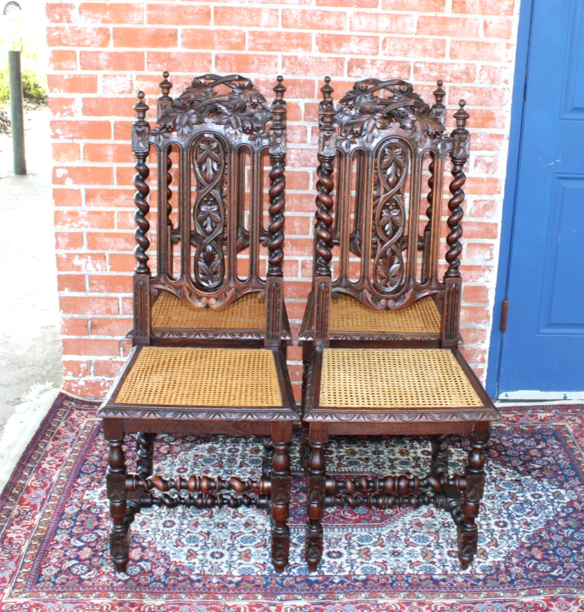 Set of 4 French Antique Renaissance Oak Louis XIII Dining Chairs w/ Cane Seats