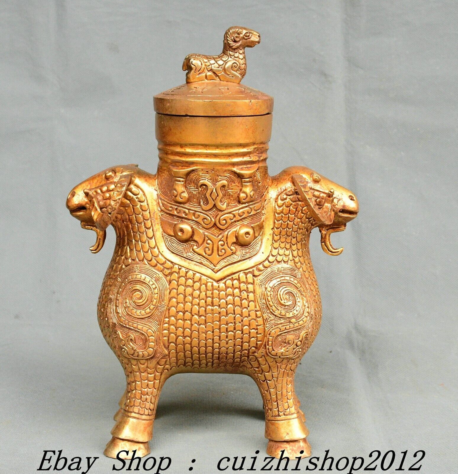 10″ Old Chinese Dynasty Bronze Ware Gold Sheep Goat Beast Head Zun Bottle Vase