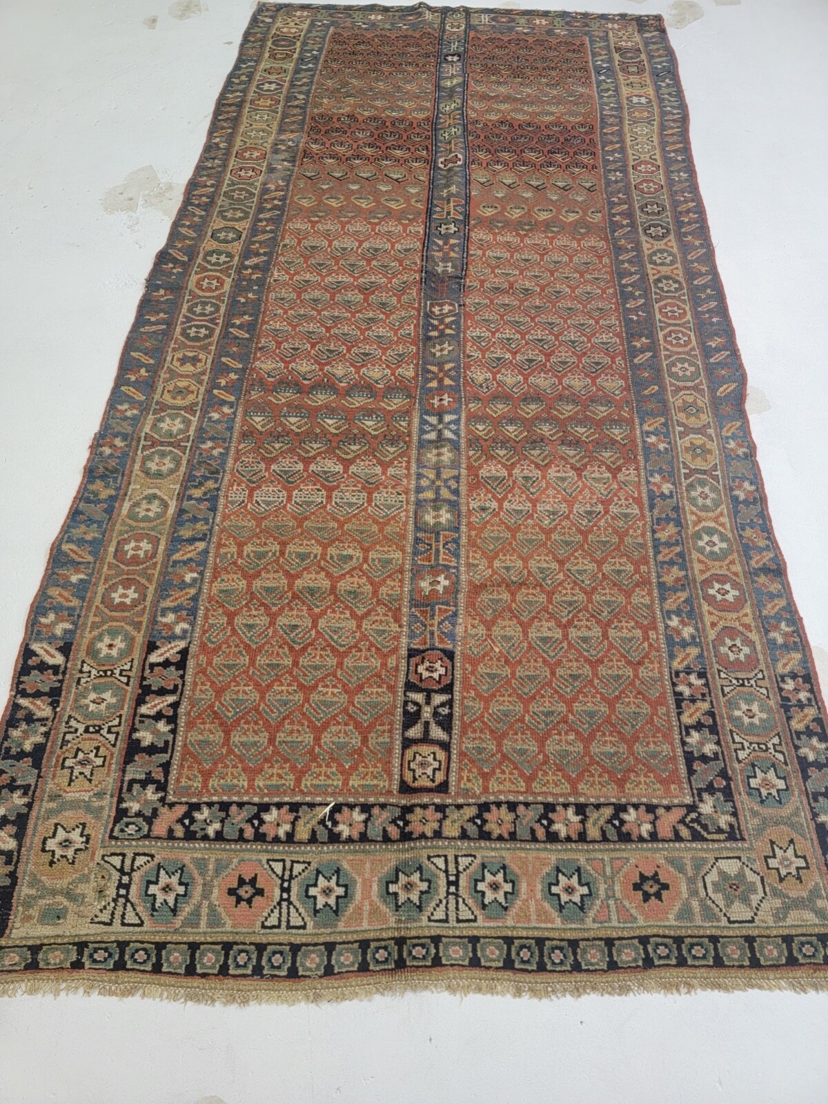 Antique Oriental Hand-Knotted Wool Runner Clay/Green/Blue/Ivory 4’8″ x 10’6″