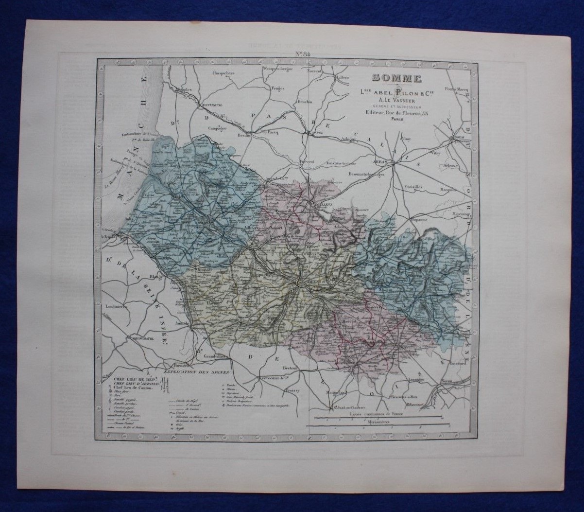 Original antique map SOMME, FRANCE, AMIENS, ABBEVILLE, Le Vasseur, 1878