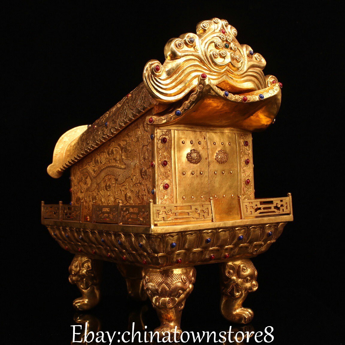 Old Dynasty Pure Bronze Gilt Dragon Loong Turtle Buddha Bone Sarira Coffin