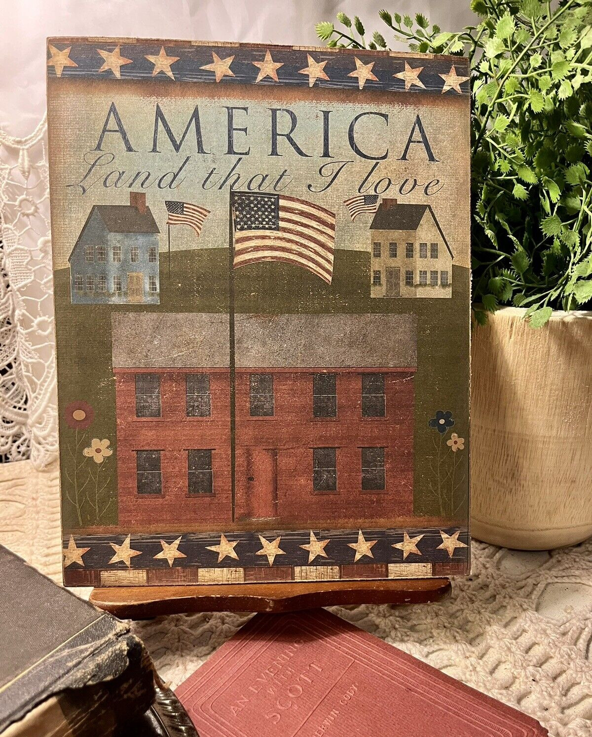 Patriotic Primitive America, Salt Box House, Flag, Handcrafted Plaque / Sign