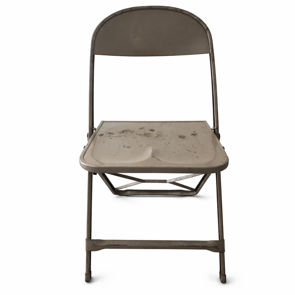 VTG RARE Antique MCM Pressed Steel Dome Back Saddle Seat Folding Chair CLARINS