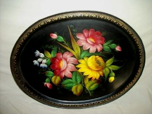 RUSSIAN ZHOSTOVO HP TOLE TRAY FLORAL LARGE OVAL MARKED USSR DELICATE GOLD