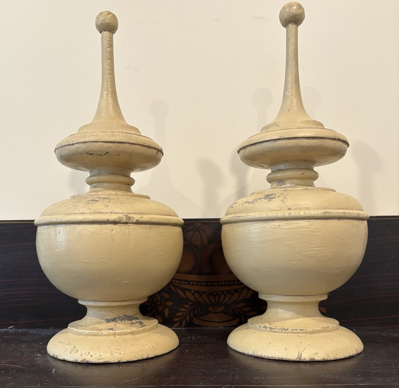 Pair Very Large Antique Early 19th Century Salvaged Wooden Neoclassical Finials