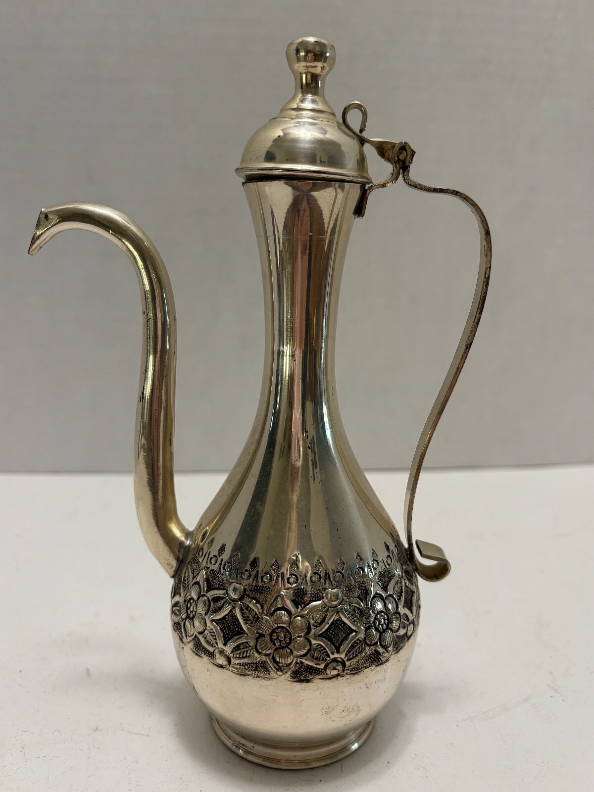 Middle Eastern Style COFFEE POT Silverplate Flower Embossed Band 12oz Vintage