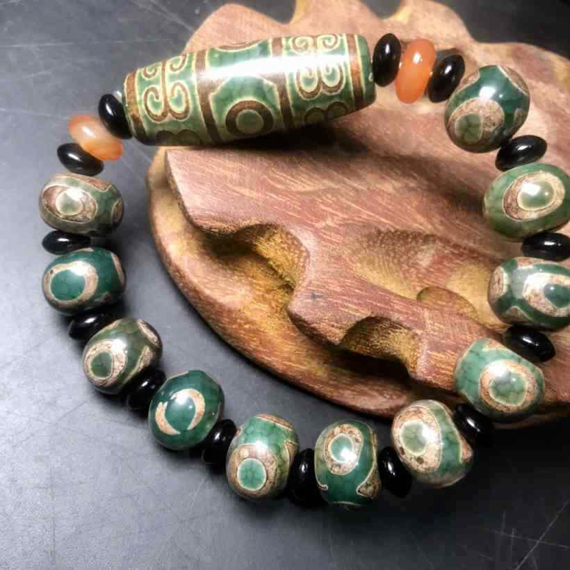 Ethnic Style Tibetan Buddhism Natural Old Green Agate Three Eyes Bead Bracelet