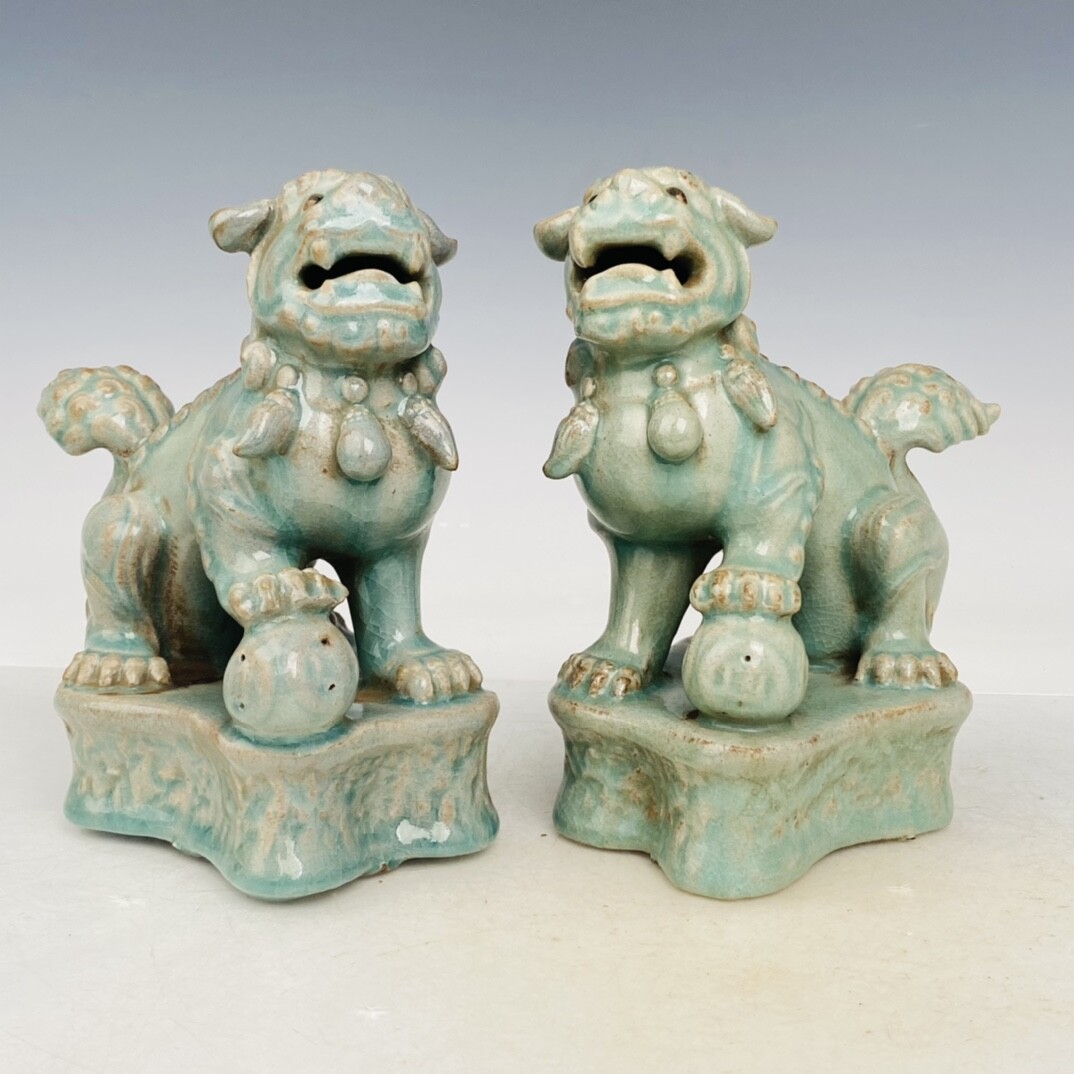 7.4″ Rare China Porcelain Song dynasty Ru porcelain lion a pair statue