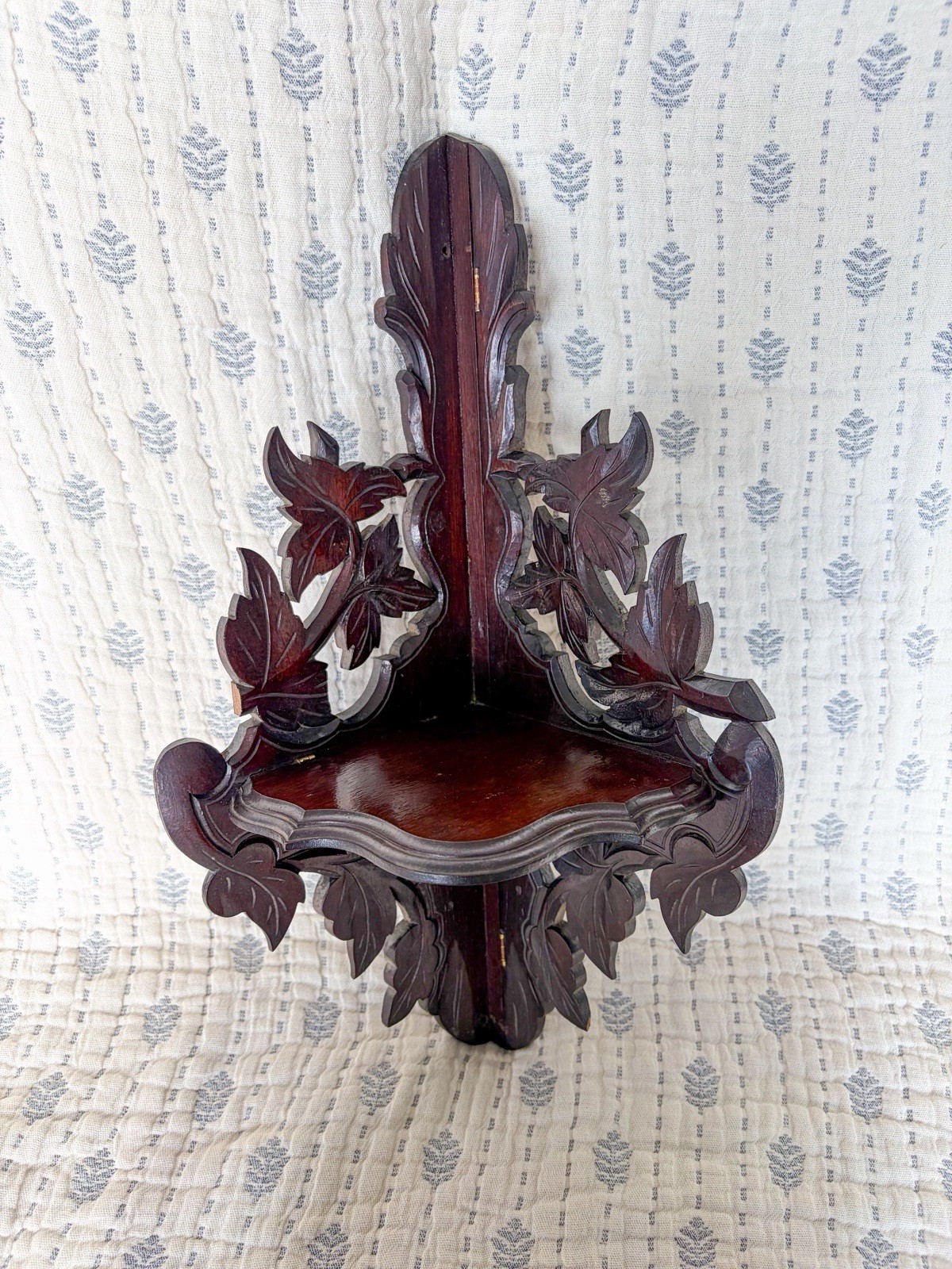 Antique Black Forest Carved Wood Corner Shelf Rustic Folk Art Leaf Wall Bracket
