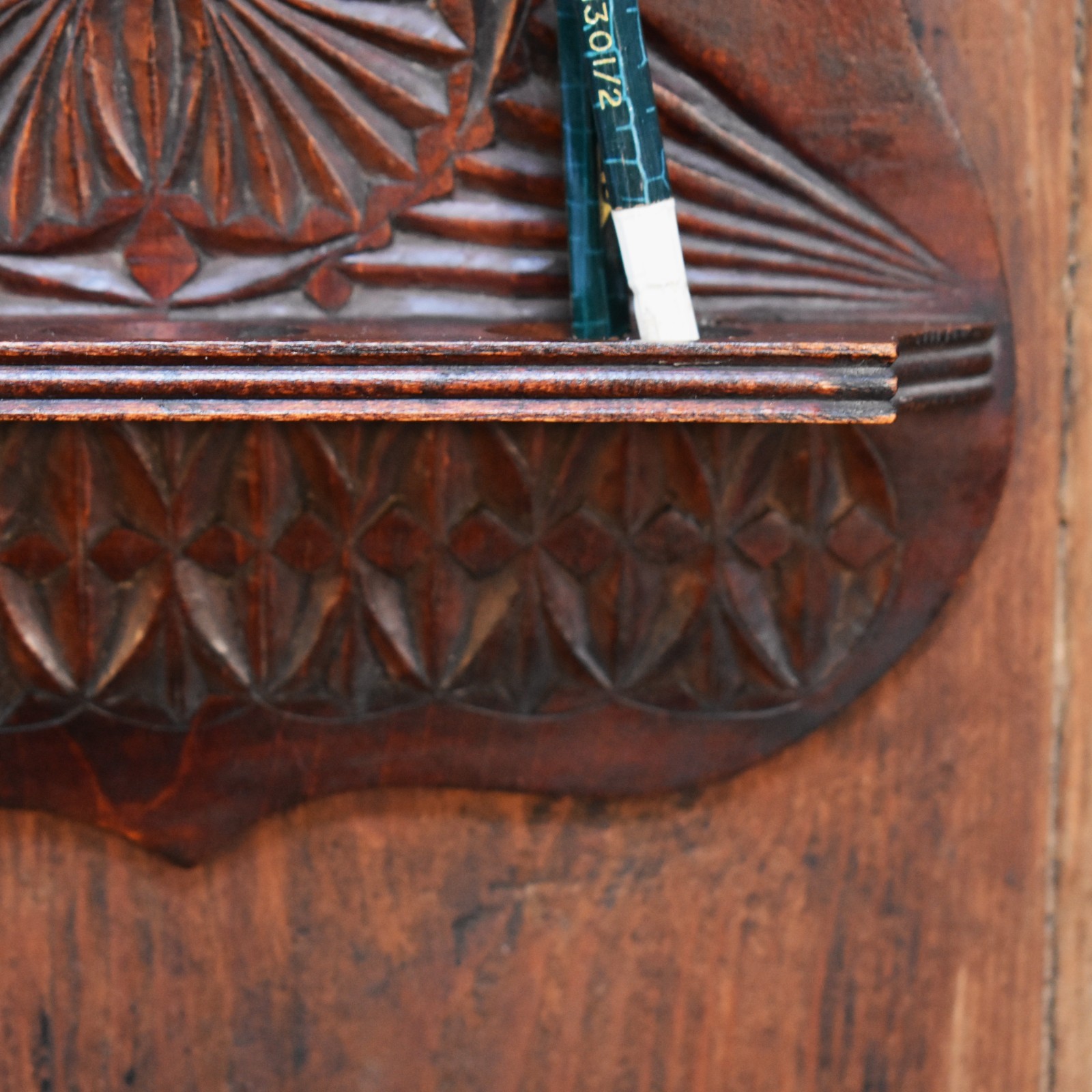 Antique Handcarved Folk Art Spoon Flower Rack Pen Brush Wall Shelf Stand