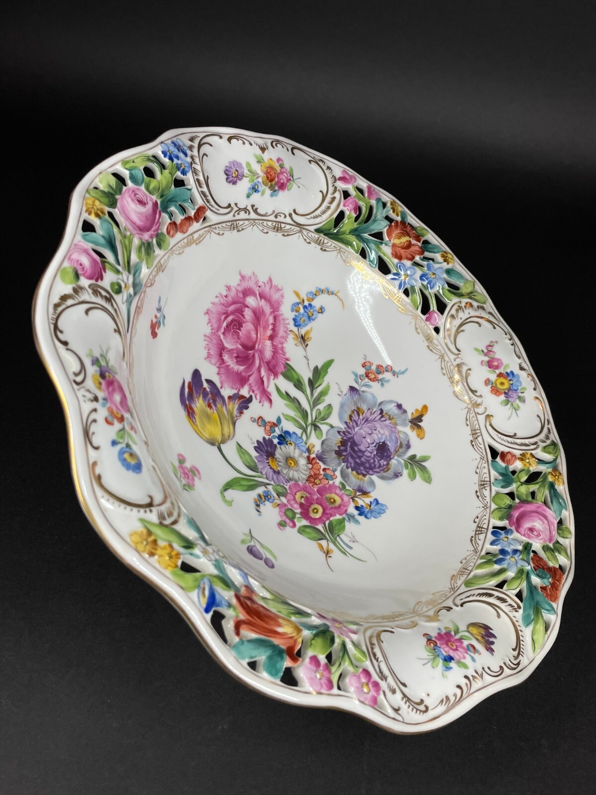 Carl Thieme Dresden Large Footed Painted Floral Reticulated Centerpiece Bowl